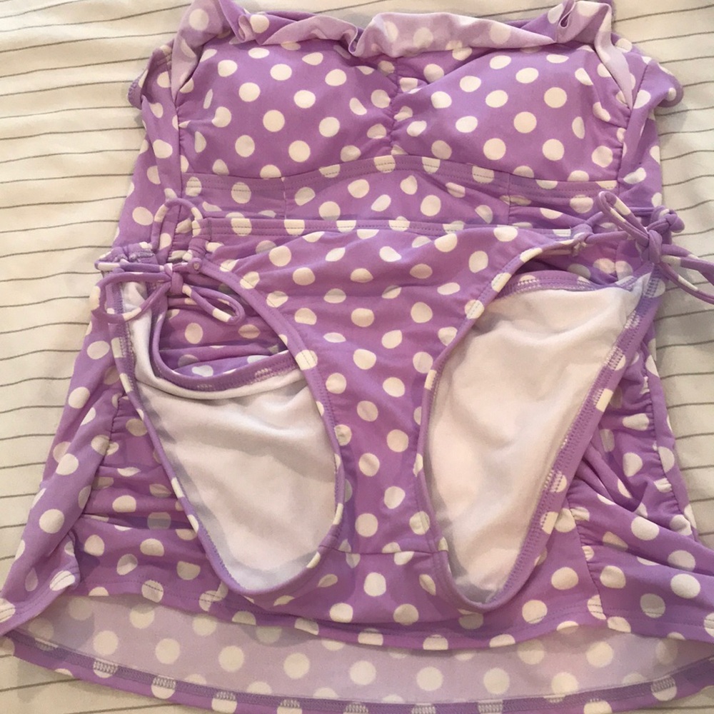Arizona Jeans purple and white polka-dot tankini